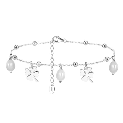 Lieson Fußkette Damen Silber 925, Fußkettchen Perlenkette mit Blätter und Perlen Sommer Barfuß Strand Fusskette Silber, Verstellbare 22CM von Lieson