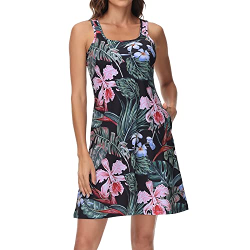 Damen UPF 50+ Tank Kleid A-Linie mit Taschen Atmungsaktiv Schnell Trocken Sonnenschutz für Wandern Camping Strand Outdoor, Schwarz/Tropical Flower, Mittel von Lightbare