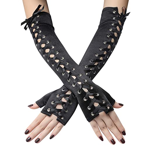 Liitata 1 Paar Lang Fingerlose Handschuhe Ellenbogen Schnüren Steampunk Handschuhe Satin Handschuhe Opera Party Handschuhe für Hochzeit Halloween Maskerade Karneval Thema Party - Schwarz von Liitata