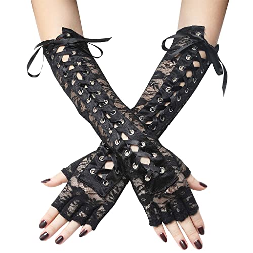 Liitata 1 Paar Lang Spitze Fingerlose Handschuhe Ellenbogen Schnüren Steampunk Handschuhe Opera Party Handschuhe für Hochzeit Halloween Maskerade Karneval Thema Party - Schwarz von Liitata