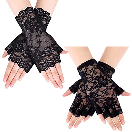 Liitata 2 Paar Kurze Spitze Handschuhe Blumen Fingerlose Handschuhe Spitze Halbfinger Handschuhe Retro Opera Party Handschuhe für Hochzeit Halloween Maskerade Karneval Thema Party - Schwarz Stil 2 von Liitata