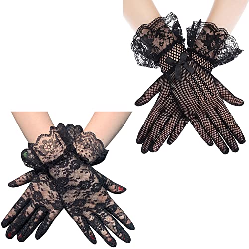 Liitata 2 Paar Kurze Spitze Handschuhe Blumenspitzen Handschuhe Netz Mesh Handschuhe Retro Opera Party Handschuhe für Hochzeit Halloween Maskerade Karneval Thema Party - Schwarz Stil 1 von Liitata