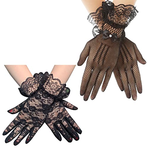 Liitata 2 Paar Kurze Spitze Handschuhe Blumenspitzen Handschuhe Netz Mesh Handschuhe Retro Opera Party Handschuhe für Hochzeit Halloween Maskerade Karneval Thema Party - Schwarz Stil 2 von Liitata