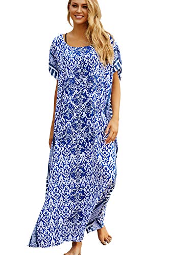 LikeJump Damen Baumwolle Bedruckte Blume Gedruckt Kaftan Badeanzug Kimono Cover Up Lose Robe Maxi Kleid von LikeJump