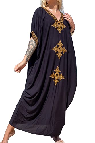 LikeJump Damen Bohemian Blumenstickerei Stickerei Bikini Cover Ups Übergröße Strandkleider Kaftan Kimono Badeanzug von LikeJump