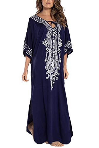 LikeJump Damen Bohemien Blumenstickerei Stickerei Bikini Cover Ups Übergröße Strandkleider Kaftan Kimono Badeanzug von LikeJump