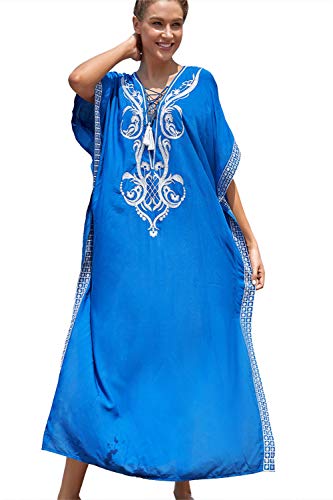 LikeJump Damen Bohemien Blumenstickerei Stickerei Bikini Cover Ups Übergröße Strandkleider Kaftan Kimono Badeanzug von LikeJump