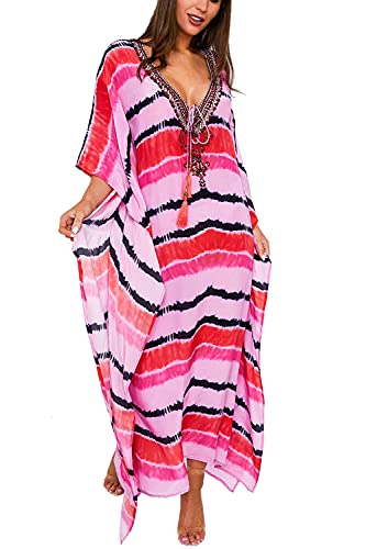 LikeJump Damen Boho Kimono Lang Kaftan Kleid Strandkleider Cardigan Pareo Bikini Cover Ups von LikeJump