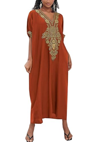 LikeJump Maxikleid für Damen, bestickt, lang, Kimono, Badeanzug, Überzug, D3 Orange, One size von LikeJump