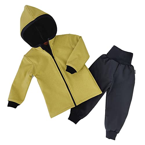 Lilakind“ Baby Kinder 2 teiliges Set Softshell Pumphose Matschhose Regenhose und Jacke Meliert Einfarbig Uni Senf Meliert Gr. 86/92 - Made in Germany von Lilakind