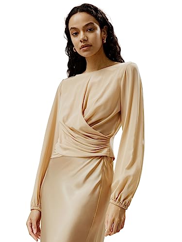 LilySilk Damen Seidenhemd Frauen 100% doppellagige Crêpe 18MM Seidenbluse mit Falten Taille, elastischen Bündchen und Puffärmeln(Gold,38 von LilySilk