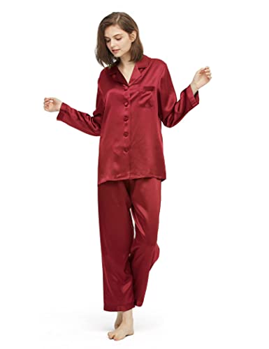 LilySilk Elegante Seide Nachtwäsche Damen Langarm Pyjama Langarm Hausanzug Weihnachts-Pyjama-Set Verpackung MEHRWEG(Weinrot,XL) von LilySilk