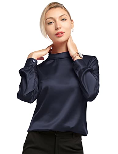 LilySilk Frauen Seidenbluse Damenhemd Stehkragen Langarmshirt Schlichte Damenbluse für Arbeit oder Freizeit(Dunkel Blau,XL) von LilySilk