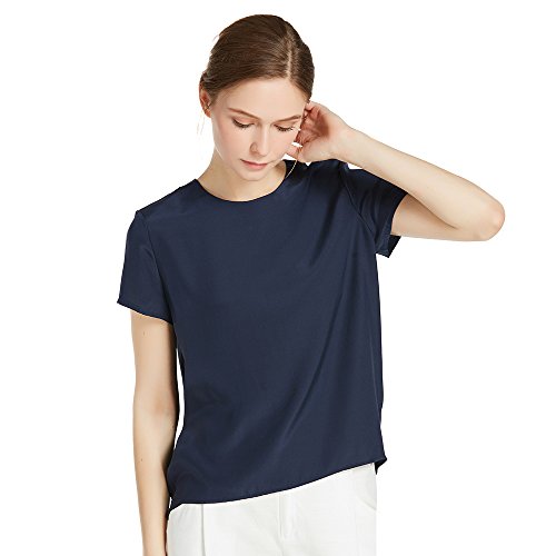 LilySilk Seide Damen Hemdbluse Kurzarm Bluse Hemd Tunika 22 Momme Blau L Verpackung MEHRWEG von LilySilk