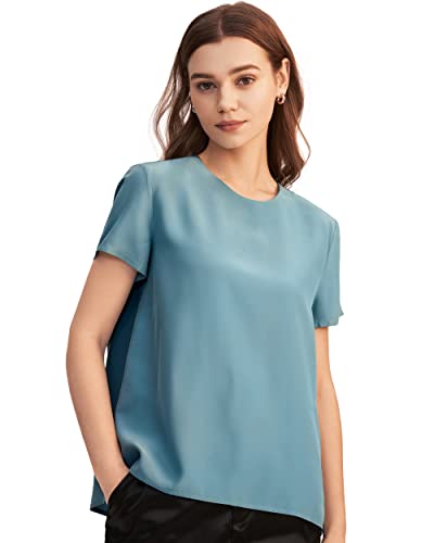 LilySilk Seide Damen Hemdbluse Kurzarm Bluse Hemd Tunika 22 Momme Verpackung MEHRWEG (XL, Neblig Blau) von LilySilk