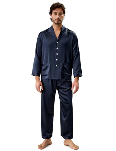 LilySilk Seide Pyjama Herren Nachtwäsche Unifarbe Elegant 22 Momme (Large, Blau) Verpackung MEHRWEG von LilySilk