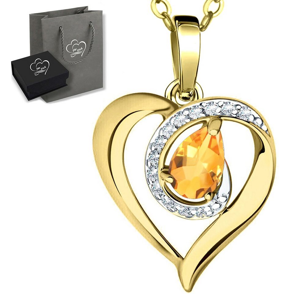 Limana Herzkette Edelstein Citrin gelb Silber 925 Gold Damen Kette mit Herz-Anhänger (inkl. Herz Geschenkdose und Tasche), 45-50cm Frauengeschenk Liebe Geschenk Idee Goldkette Edelsteinschmuck von Limana