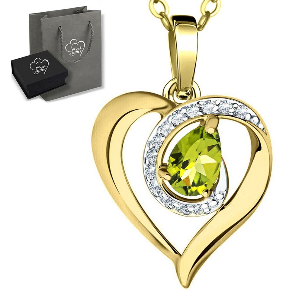 Limana Herzkette Edelstein Peridot grün Silber 925 Gold Damen Kette mit Herz-Anhänger (inkl. Herz Geschenkdose und Tasche), 45-50cm Damengeschenk Liebe Geschenk Idee Goldkette Edelsteinschmuck von Limana