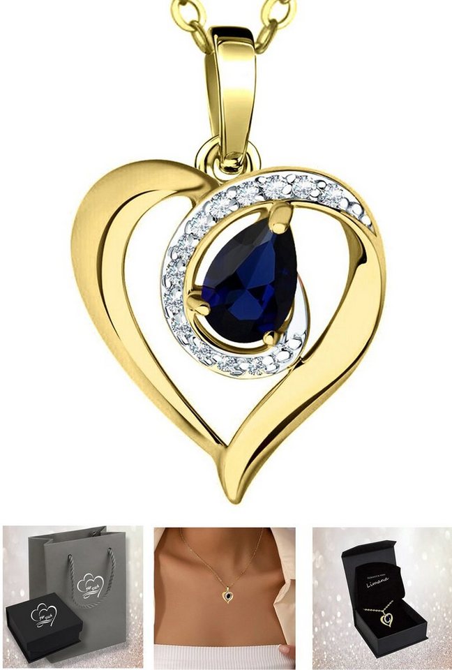 Limana Herzkette Edelstein Saphir blau Silber 925 Gold Damen Kette mit Herz-Anhänger (inkl. Herz Geschenkdose und Tasche), 45-50cm Damengeschenk Liebe Geschenk Idee Goldkette Edelsteinschmuck von Limana