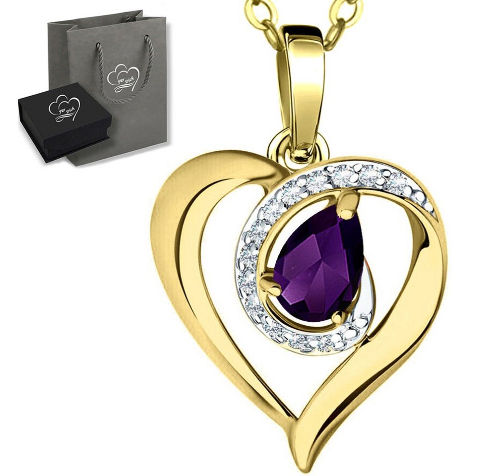 Limana Herzkette echter Amethyst lila 925 Silber Damen Gold Kette mit Herz-Anhänger (inkl. Herz Geschenkdose und Tasche), 45-50cm Damengeschenk Liebe Geschenk Idee Goldkette Edelstein von Limana