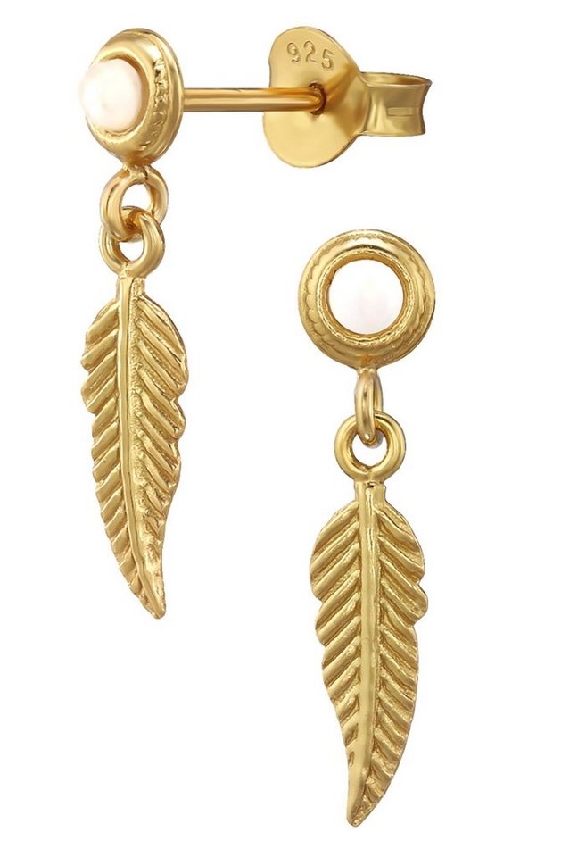 Limana Paar Ohrhänger Damen Mädchen Silber 925 Gold Feder mit Opal Perle Ohrstecker Ohrringe, Damenohrringe Mädchenohrringe Geschenkidee Geschenk Idee von Limana