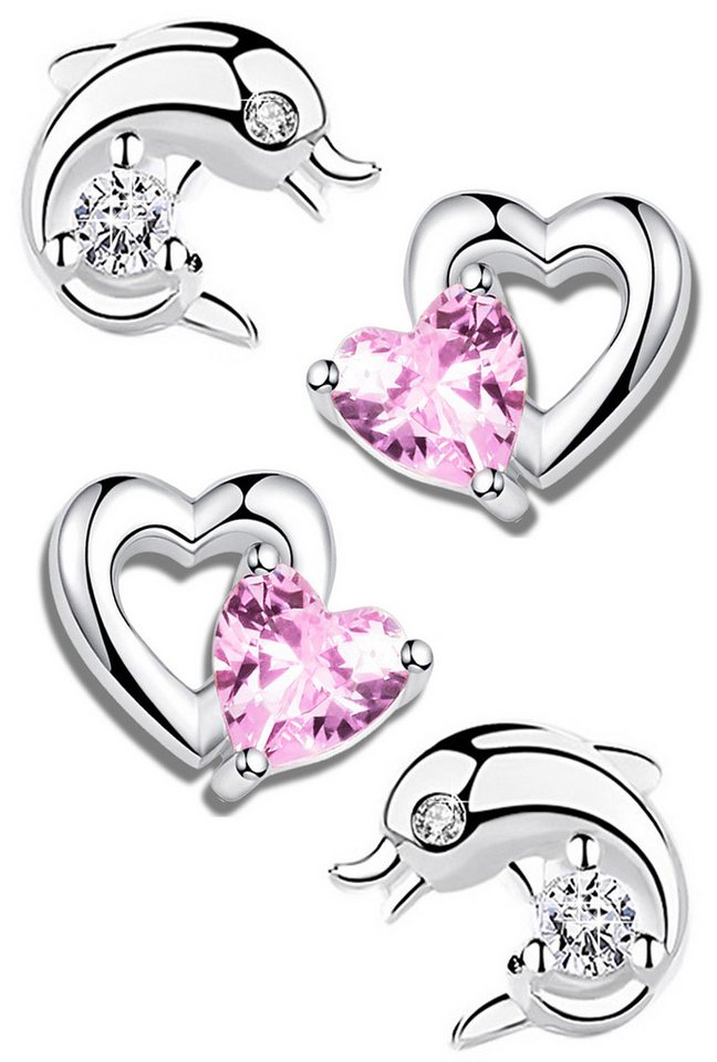 Limana Paar Ohrstecker Set 925 Silber Ohrringe Delfin Delphin Herz rosa für Kinder Mädchen, Kinderohrringe Mädchenohrringe Kinderschmuck von Limana