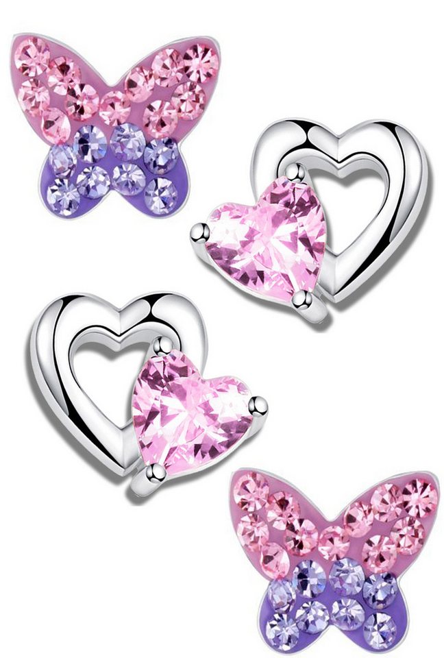 Limana Paar Ohrstecker Set 925 Silber Kinder Mädchen Ohrringe Herz Schmetterling rosa lila, Kinderschmuck Kinderohrringe Mädchenohrringe von Limana