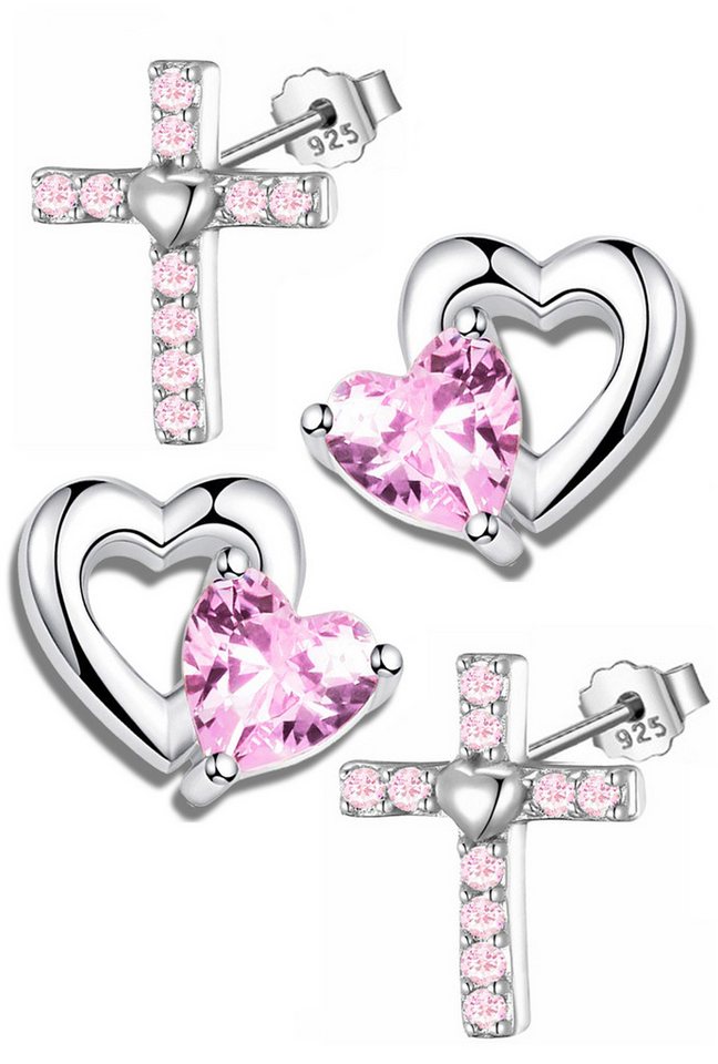 Limana Paar Ohrstecker Ohrringe für Kinder Mädhen Set 925 Silber Ohrringe rosa Kreuz Herz, Kinderschmuck Kinderohrringe Mädchenohrringe von Limana