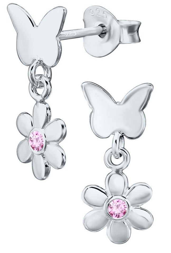 Limana Paar Ohrstecker Ohrhänger Mädchen Kinder Silber 925 Schmetterling Blume rosa, Kinderohrringe Mädchenohrringe mit Zirkonia Geschenkidee Geschenk Idee von Limana