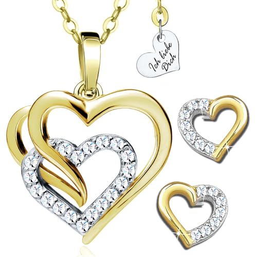 Schmuck Set Damen Silber 925 Gold Zirkonia Herz Kette und Ohrringe Herzkette Goldkette Ich Liebe Dich Weihnachten Hochzeitstag Geburtstag Geschenk für Freundin Frauen Ehefrau von Limana