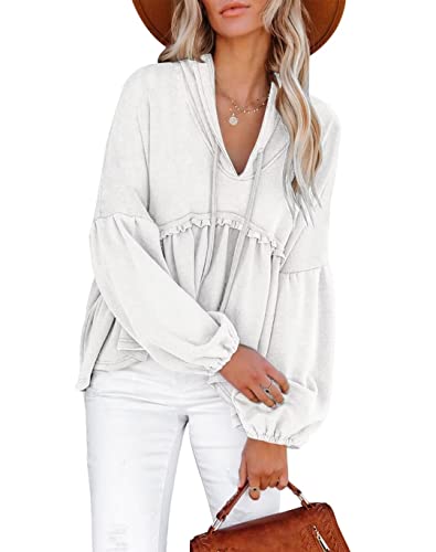 Limerose Damen Tunika Top Casual Lange Ärmel Schößchen Babydoll Rüschen Strick Hoodies Pullover, Elfenbein, S von Limerose