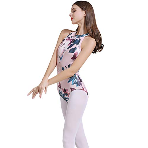 Limiles Damen Neckholder Bodysuit Schlüsselloch Rücken Gymnastik Ballett Tanz Trikot Tops Tanzkleidung Kostüme, rosa blume, Large von Limiles Dance