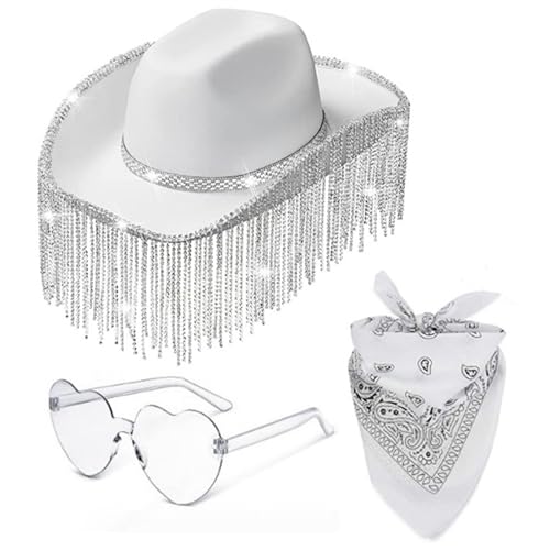 Limtula 3-teiliges Set Mit Cowboyhut Und Herz Sonnenbrille + Kopftuch Für Damen Hochzeitshut Western Elegantes Kleid Accessoire Herz Sonnenbrille Für Damen Herz Sonnenbrille Junggesellenabschied Herz von Limtula