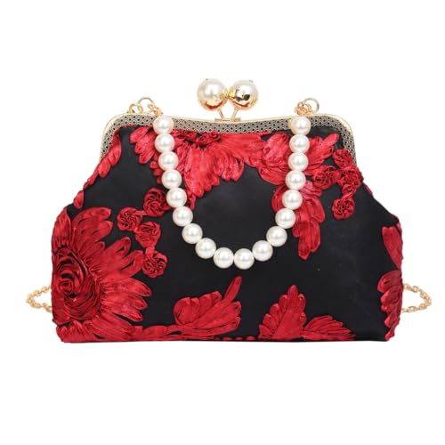 Limtula Abendtasche mit Perlen und Perlen, Vintage-Blume, Kussschloss, Umhängetasche, Handtasche mit abnehmbarer Kette, für Damen, Hochzeit, Party, Rot mit Schwarz von Limtula