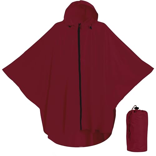 Lingito Strapazierfähiger Regenponcho für Rucksackreisen, wasserdicht, leicht, für Erwachsene, Militär, Notfall, Camping, Herren, Damen, Rund, Weinrot, Einheitsgröße von Lingito