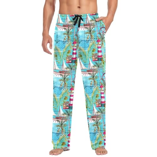 Herren Pyjamahose Tropischer Anker Leuchtturm Schiff Blätter Pyjama Loungewear 100% Baumwolle Pyjama Hose Nachtwäsche PJs Hose für Männer Jungen, mehrfarbig, XXL von Linomo