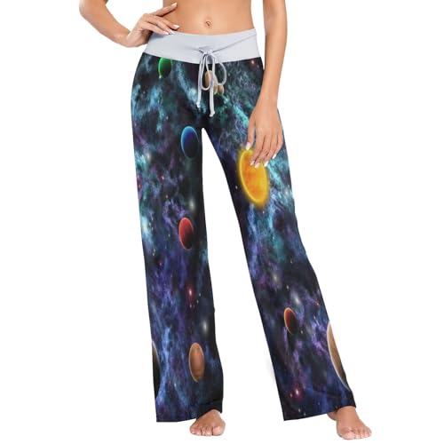 Linomo Damen Pyjamahose Galaxis Weltraum Loungehose Schlafanzughose Freizeithose YogaHose Weites Bein Hose von Linomo