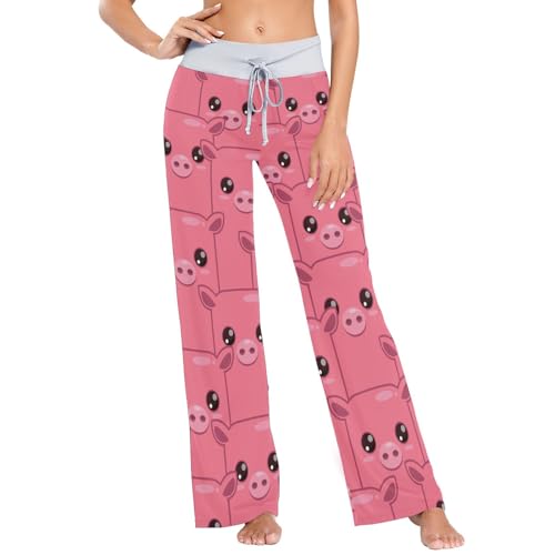 Linomo Damen Pyjamahose Süß Tier Schwein Muster Loungehose Schlafanzughose Freizeithose YogaHose Weites Bein Hose von Linomo