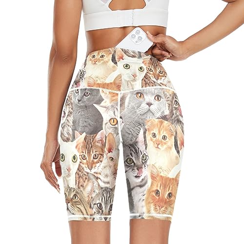 Linomo Damen Yoga Shorts Süß Tier Katze Muster Yoga-Hose Kurze Sporthose Leggings Fitness Shorts Laufhose Kurze Hose von Linomo