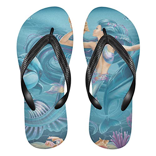 Linomo Herren Damen Zehentrenner Ozean Meer Tier Meerjungfrau Delphin Flip Flops Badelatschen Casual Sandalen Sommer Strand Hausschuhe von Linomo