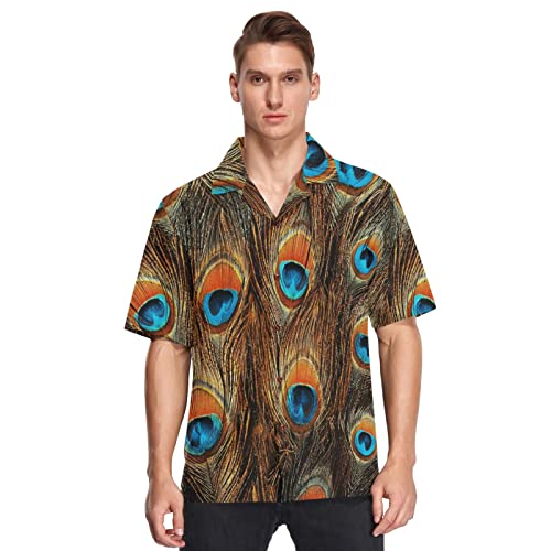 Linomo Herren Hawaiihemd, Pfau Feder Freizeithemden Button Down Casual Kurzarm Hawaiihemd Sommer Aloha Strand Hemden Beilaufig Hawaii Hemd von Linomo