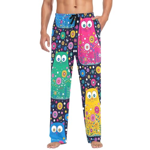 Linomo Herren Pyjamahose Bunt Blume Süß Katze Kätzchen Schlafhose Loungehose Lang Baumwolle Pyjamaunterteil Pyjamahose Freizeithose Loungehose für Männer von Linomo