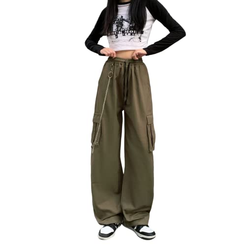 Linsennia Cargohose Damen Y2k mit Kette Weite Parachute Pants Mädchen High Waist Streetwear Gothic (Army Green,L) von Linsennia