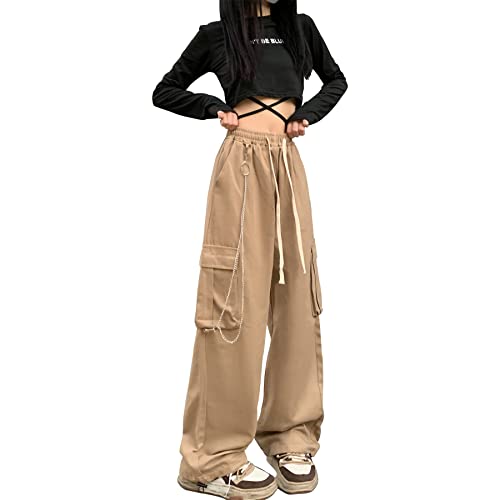 Linsennia Cargohose Damen Y2k mit Kette Weite Parachute Pants Mädchen High Waist Streetwear Gothic (Khaki,L) von Linsennia