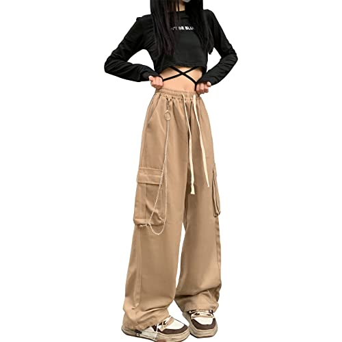 Linsennia Cargohose Damen Y2k mit Kette Weite Parachute Pants Mädchen High Waist Streetwear Gothic (Khaki,S) von Linsennia