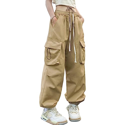 Linsennia Weite Cargohose Damen Sommer Entspannte Passform Y2k Parachute Pants High Waist Freizeithose Teenager Mädchen (Khaki,L) von Linsennia