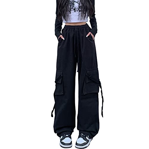 Linsennia Y2k Cargohose Damen Baggy Parachute Pants Teenager Mädchen Weite High Waist Streetwear (Black,S) von Linsennia