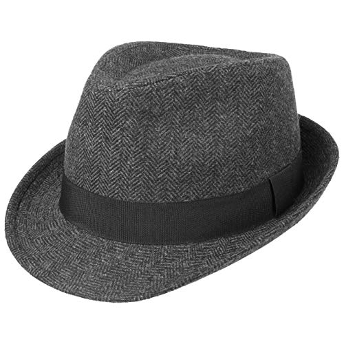 Lipodo Trilby Hut Herringbone Damen/Herren - Stoffhut Classic mit Ripsband und Fischgrat-Muster - Trilbyhut Sommer/Winter - Fedora schwarz-grau M (57-58 cm) von Lipodo