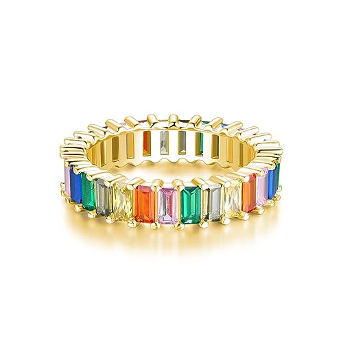 18K Funkelnder Rainbow Baguette Ring aus 925 Sterling Silber mit Bunten Regenbogen Steinen - Damen Ringe Eternity Ewigkeit Schmuck in Juwelierqualität (Gold, 54) von Lisandra Scott