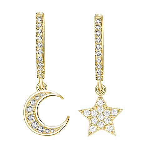 925 Sterling Silber Creolen mit Anhänger Ohrringe für Damen, Mädchen und Frauen Kreolen hängend klein mit Mond und Stern (Gold - mit Strass) von Lisandra Scott